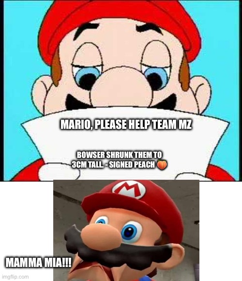 This is why you should never have Team MZ visit the Mario world. Now Mario has to go save them | Mario, please help Team MZ; Bowser shrunk them to 3cm tall. - Signed Peach 🍑; Mamma Mia!!! | image tagged in hotel mario letter,blank white template,mario,team mz,shrinkage | made w/ Imgflip meme maker