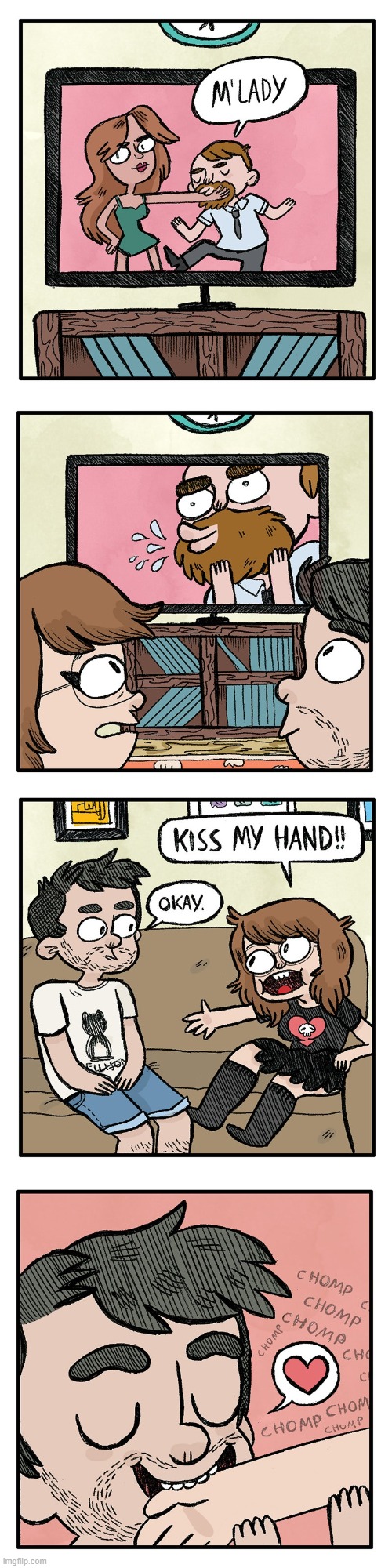 image tagged in tv,m'lady,kiss,hand,bite,chomp | made w/ Imgflip meme maker