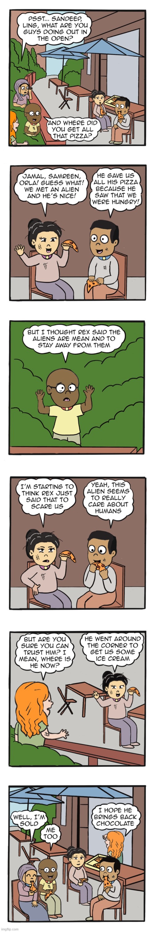 image tagged in humans,orphans,pizza,alien,ice cream,waiting | made w/ Imgflip meme maker