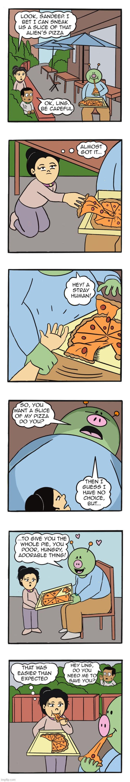 image tagged in humans,alien,pizza,sneak,caught,plot twist | made w/ Imgflip meme maker