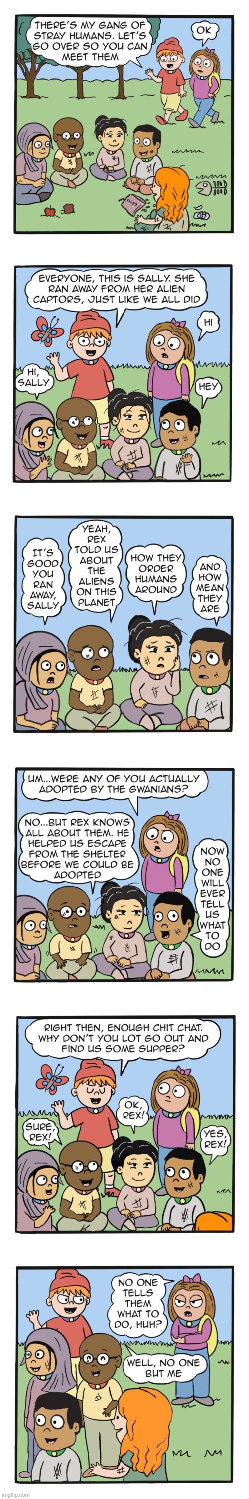 image tagged in humans,sally,rex,orphans,aliens,supper | made w/ Imgflip meme maker