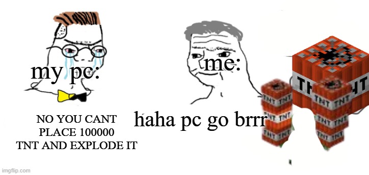 haha pc go brrr | my pc:; me:; NO YOU CANT PLACE 100000 TNT AND EXPLODE IT; haha pc go brrr | image tagged in haha pc go brrr | made w/ Imgflip meme maker