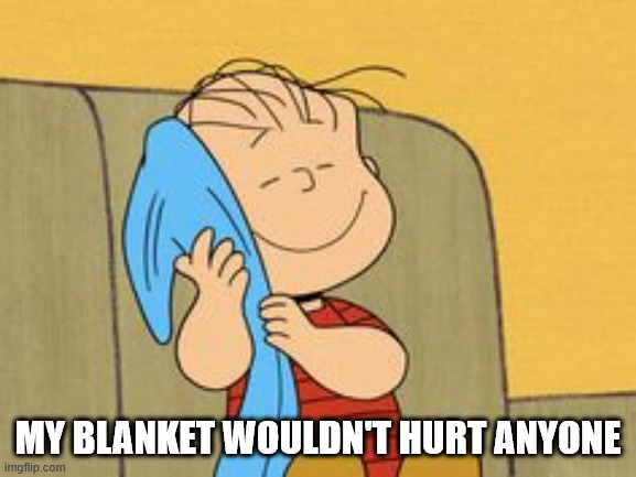 Linus and his Blanket | my blanket wouldn't hurt anyone | image tagged in linus and his blanket | made w/ Imgflip meme maker