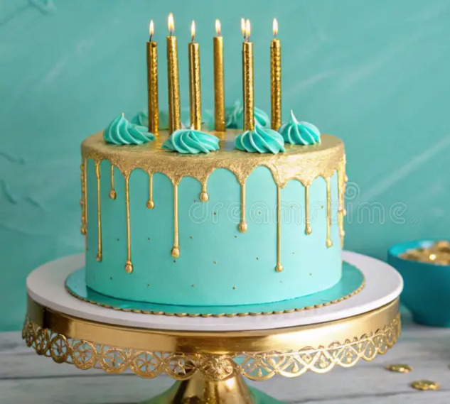 Turquoise Blue and Gold Birthday Cake Blank Meme Template