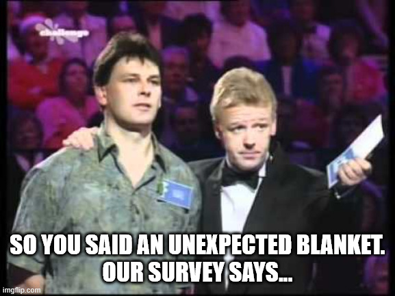 uk family fortunes | so you said an unexpected blanket.
Our survey says... | image tagged in uk family fortunes | made w/ Imgflip meme maker