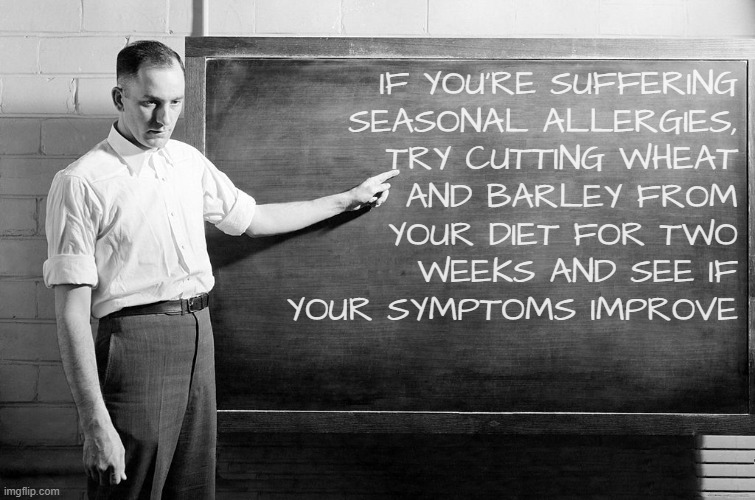Gluten allergy is a sleeper and chronic ingestion of allergens typically leads to hypersensitivity. | If you're suffering
seasonal allergies,
try cutting wheat
and barley from
your diet for two
weeks and see if
your symptoms improve | image tagged in chalkboard,allergies,gluten,gluten free | made w/ Imgflip meme maker