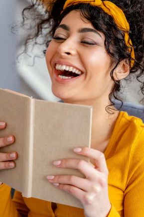 laughing woman reading Blank Meme Template