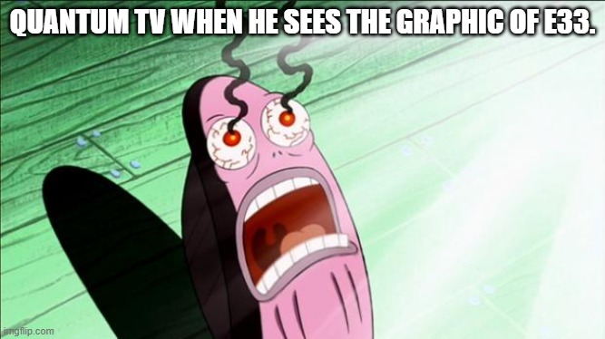 tHE gRApHIcS ArE DoGShIt!!!!!!! | Quantum TV when he sees the graphic of E33. | image tagged in spongebob my eyes | made w/ Imgflip meme maker