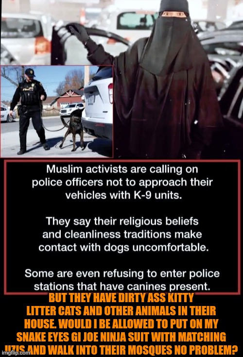 Funny | But they have dirty ass kitty litter cats and other animals in their house. Would I be allowed to put on my snake eyes GI Joe ninja suit with matching uzis and walk into their mosques no problem? | image tagged in funny,political meme,politics,bombs,police dogs,isis jihad terrorists | made w/ Imgflip meme maker