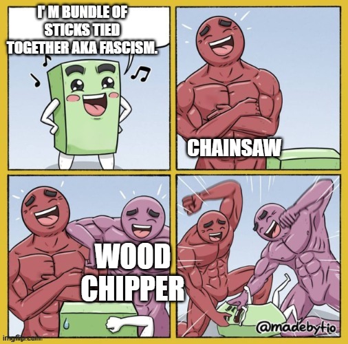 What I think about Fascism. | I' m bundle of sticks tied together aka fascism. chainsaw Wood chipper | image tagged in two buff men beating up a rectangle,fascism,stupid,political meme,meme,political humor | made w/ Imgflip meme maker