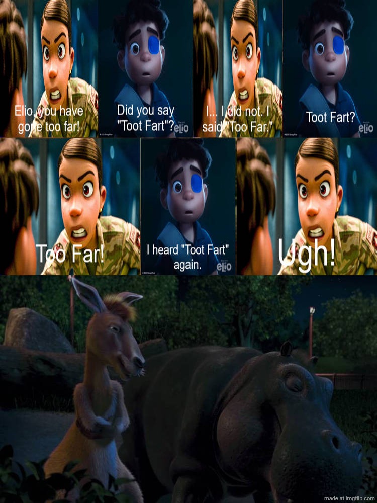 Duke and Eze laugh at Elio Solis Says Toot Fart to Olga Solis | image tagged in duke and eze laugh at what,deviantart,disney,pixar,dr seuss,deviantart week | made w/ Imgflip meme maker