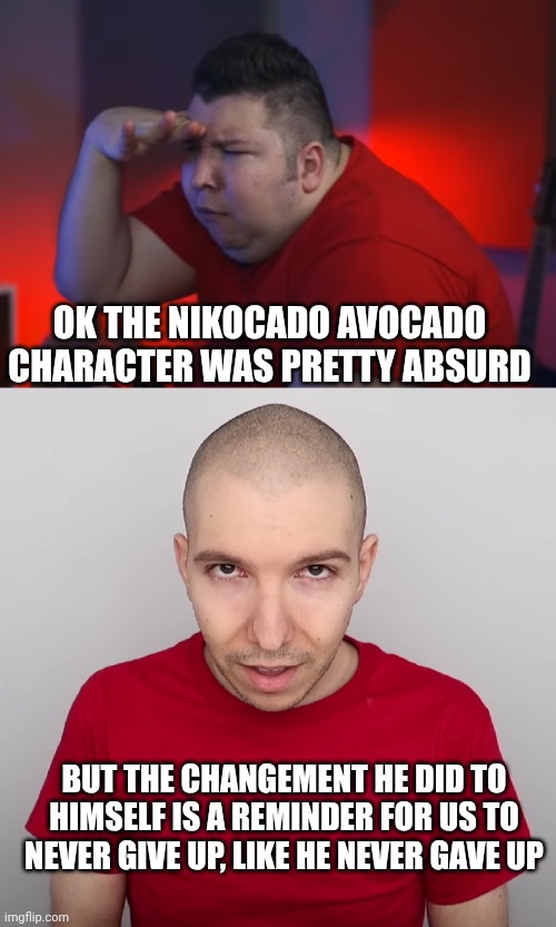 Ok the nikocado avocado character was pretty absurd; But the changement he did to himself is a reminder for us to never give up, like he never gave up | image tagged in nikocado avocado,two steps ahead | made w/ Imgflip meme maker