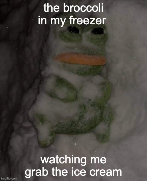 im bigback | the broccoli in my freezer; watching me grab the ice cream | image tagged in frog,frozen,ice cream,broccoli,freezer | made w/ Imgflip meme maker