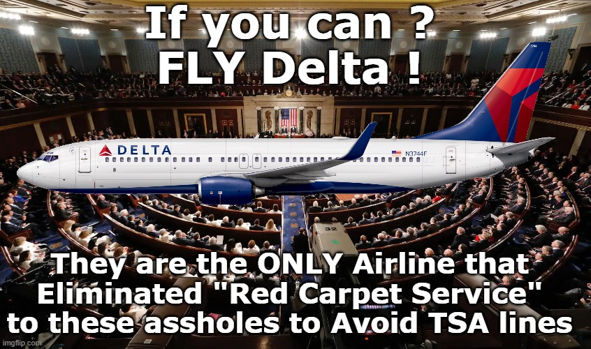 Everybody should be able to agree on this BUT THEY WON'T | If you can ?
FLY Delta ! They are the ONLY Airline that Eliminated "Red Carpet Service" to these assholes to Avoid TSA lines | image tagged in fly delta red carpet service meme | made w/ Imgflip meme maker