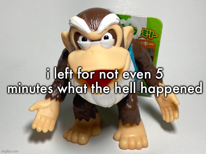 cranky kong | i left for not even 5 minutes what the hell happened | image tagged in cranky kong | made w/ Imgflip meme maker