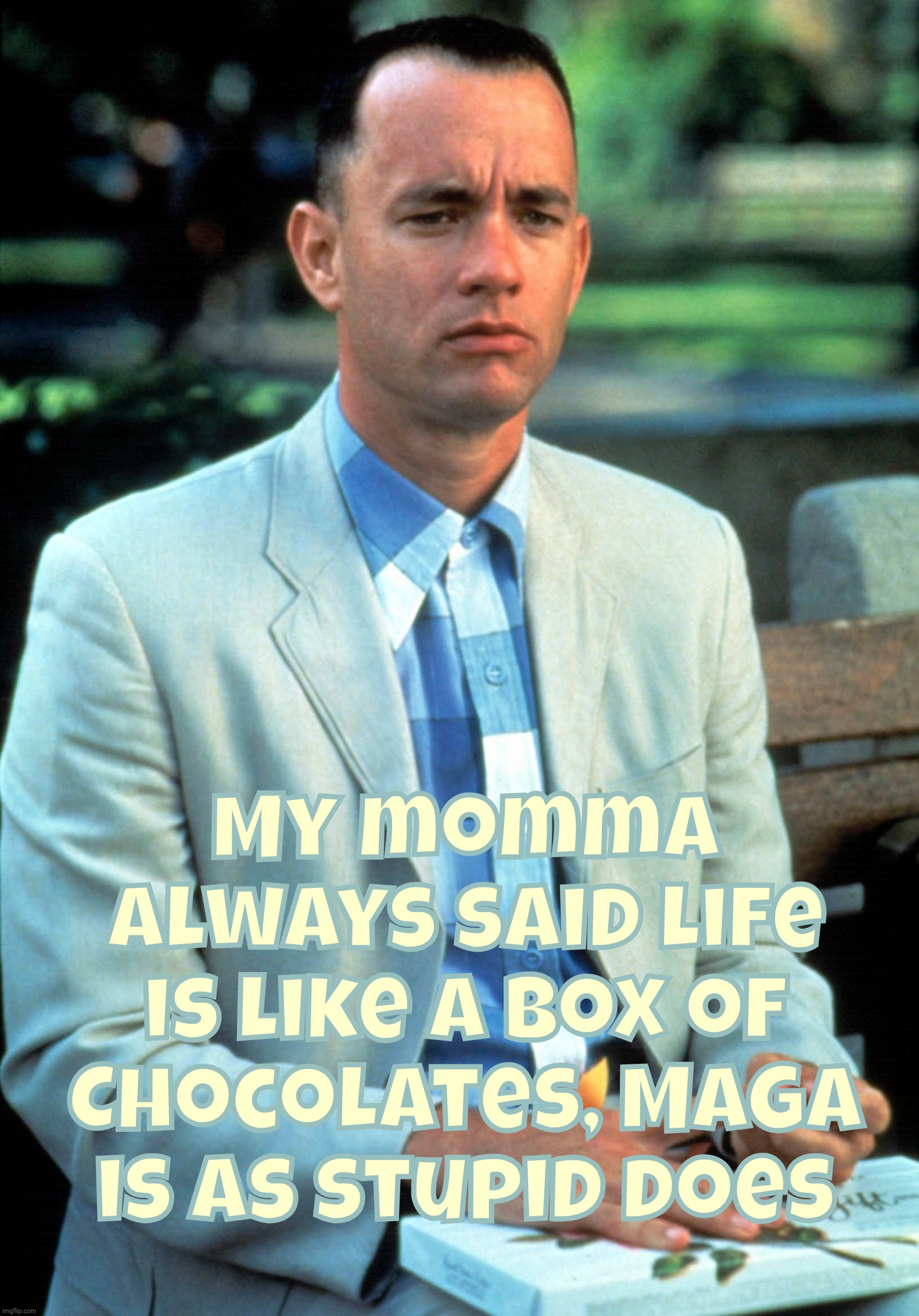 MAGAts can't help themselves | My momma always said life is like a box of Chocolates, MAGA is as stupid does | image tagged in forrest gump,momma always said life is like a box of chocolates,stupid is as stupid does,maga is as stupid does,dumbasses | made w/ Imgflip meme maker