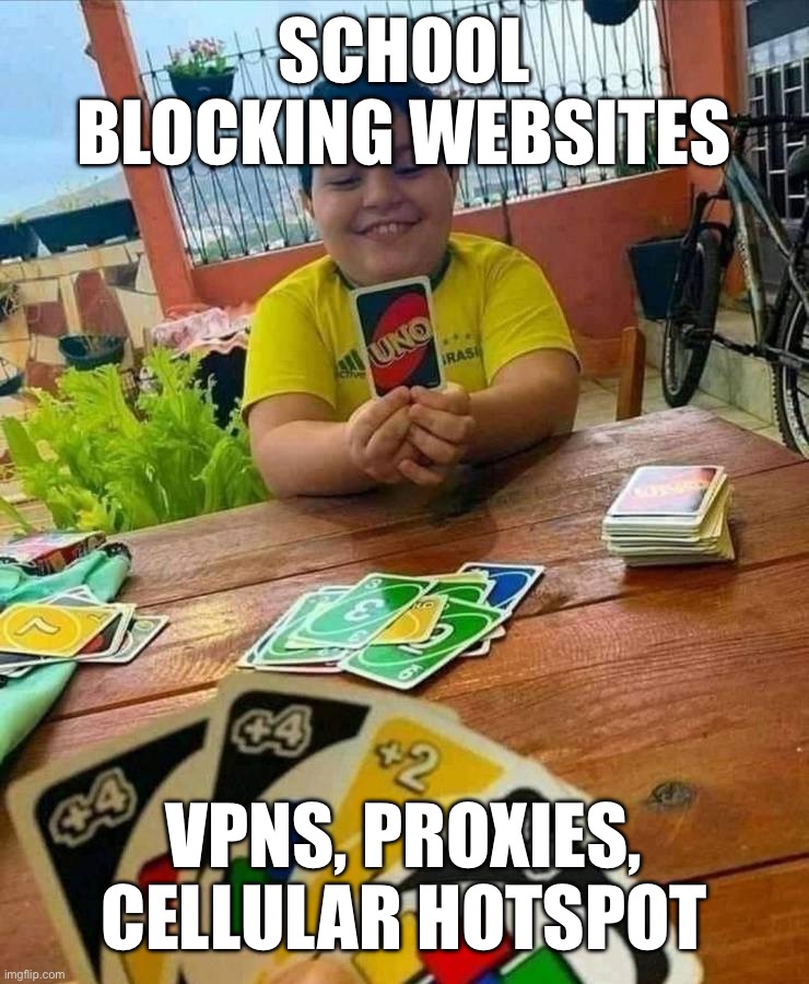 uno | School blocking websites; VPNs, proxies, cellular hotspot | image tagged in uno | made w/ Imgflip meme maker