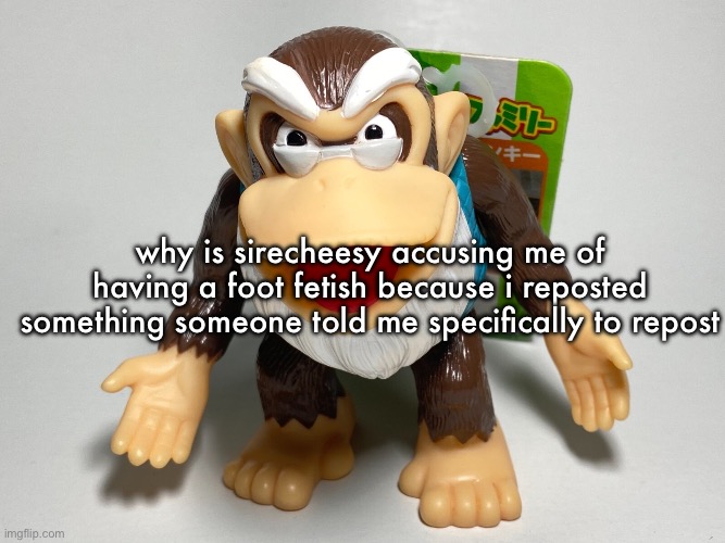 sinx told me to post a roblox feet joke and now i’m being accused of having a fetish, isn’t feet just a joke thing | why is sirecheesy accusing me of having a foot fetish because i reposted something someone told me specifically to repost | image tagged in cranky kong | made w/ Imgflip meme maker