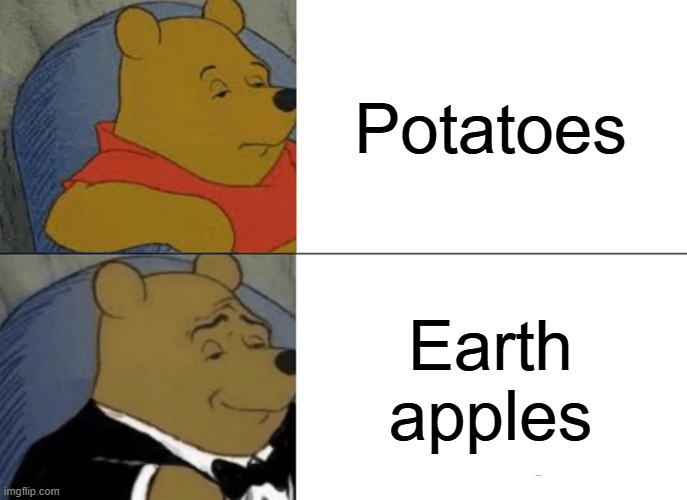 Tuxedo Winnie The Pooh Meme | Potatoes; Earth apples | image tagged in memes,tuxedo winnie the pooh | made w/ Imgflip meme maker