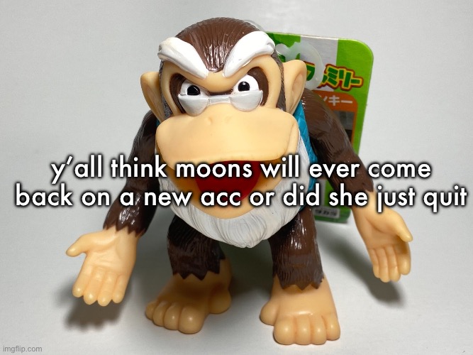 cranky kong | y’all think moons will ever come back on a new acc or did she just quit | image tagged in cranky kong | made w/ Imgflip meme maker