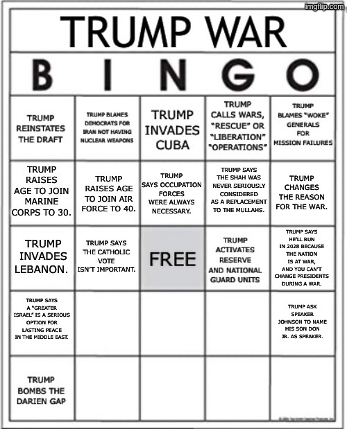 Trump says the Shah was never seriously considered as a replacement to the mullahs. Trump changes the reason for the war. Trump says occupation forces were always necessary. Trump says he’ll run in 2028 because the nation is at war, and you can’t change Presidents during a war. Trump says a “Greater Israel” is a serious option for lasting peace in the Middle East. Trump ask Speaker Johnson to name his son Don Jr. as Speaker. | made w/ Imgflip meme maker