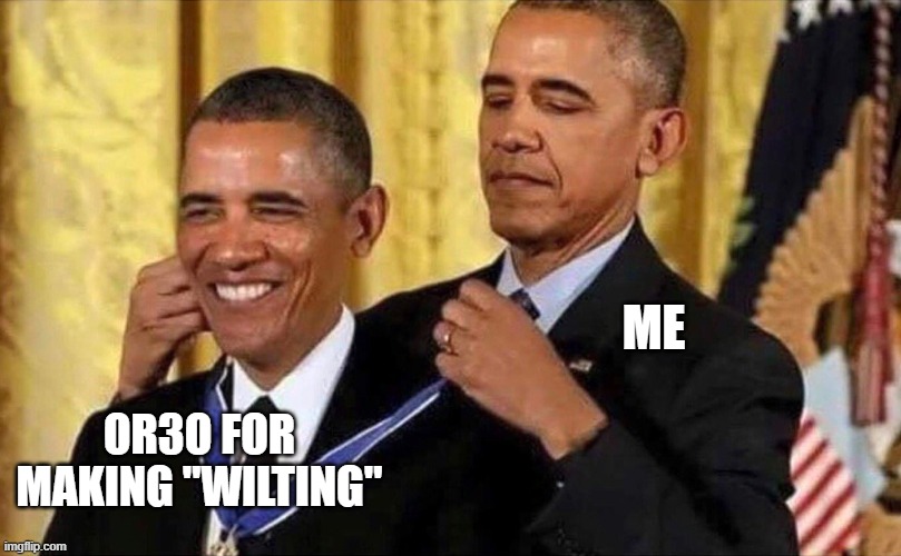 OMG WILTING IS THE BEST DW SONG I EVER HEARD | me; or3o for making "wilting" | image tagged in obama medal | made w/ Imgflip meme maker