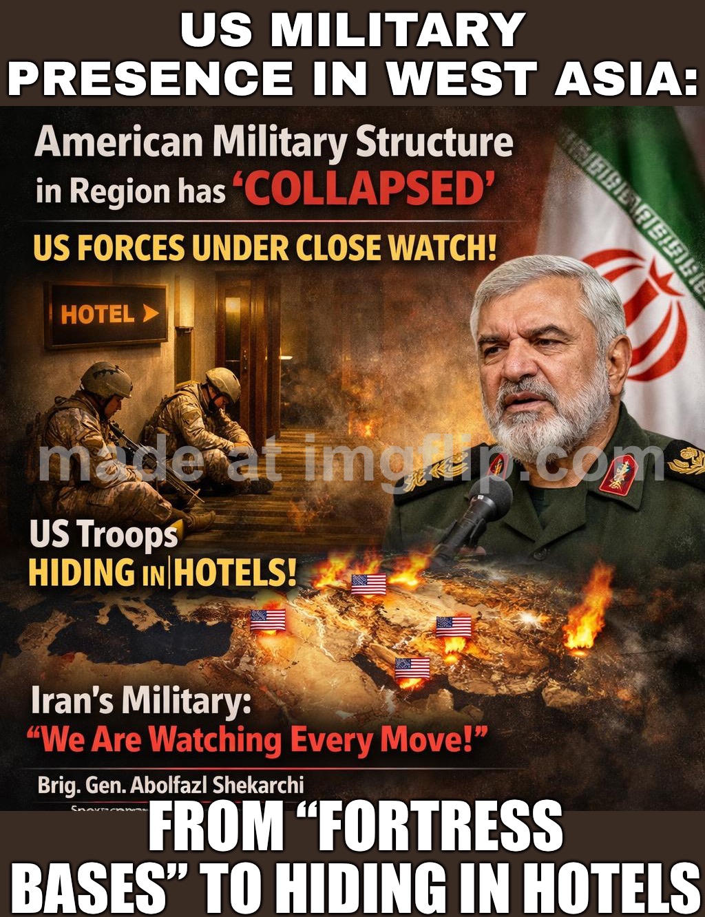 US MILITARY BASES IN WEST ASIA:; NOW CHECKING INTO CIVILIAN HOTELS FOR “COVER” | US MILITARY PRESENCE IN WEST ASIA:; FROM “FORTRESS BASES” TO HIDING IN HOTELS | image tagged in iran war,hiding,us army,donald trump,oil,world war 3 | made w/ Imgflip meme maker