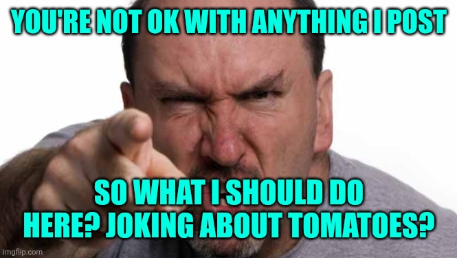 VERY ANGRY MAN | You're not ok with anything I post; So what I should do here? Joking about tomatoes? | image tagged in very angry man | made w/ Imgflip meme maker