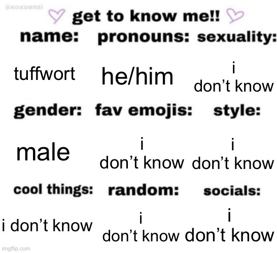 . | tuffwort; he/him; i don’t know; i don’t know; i don’t know; male; i don’t know; i don’t know; i don’t know | image tagged in get to know me but better | made w/ Imgflip meme maker