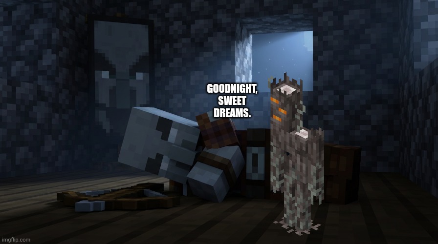 Pillager That Is An Illager Captain Sleeping | goodnight, sweet dreams. | image tagged in pillager that is an illager captain sleeping | made w/ Imgflip meme maker