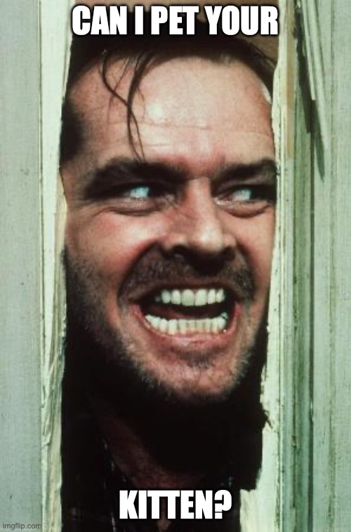 Here's Johnny | can I pet your; kitten? | image tagged in memes,here's johnny | made w/ Imgflip meme maker