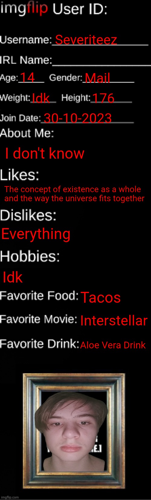 Chopped ahh | Severiteez; 14; Mail; Idk; 176; 30-10-2023; I don't know; The concept of existence as a whole and the way the universe fits together; Everything; Idk; Tacos; Interstellar; Aloe Vera Drink | image tagged in imgflip id card | made w/ Imgflip meme maker