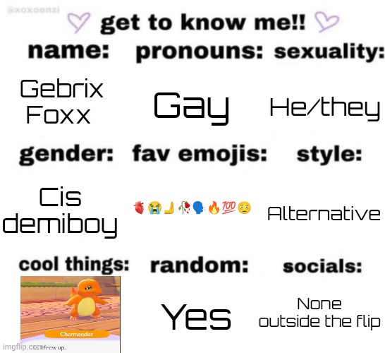 get to know me but better | Gebrix Foxx; Gay; He/they; 🫀😭🫸🥀🗣️🔥💯🫩; Alternative; Cis demiboy; None outside the flip; Yes | image tagged in get to know me but better | made w/ Imgflip meme maker