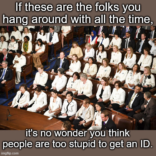 Pass the SAVE Act | If these are the folks you hang around with all the time, it's no wonder you think people are too stupid to get an ID. | image tagged in dressed in white dem women sotu | made w/ Imgflip meme maker