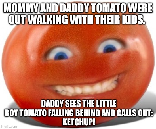 Tomato | Mommy and Daddy Tomato were out walking with their kids. Daddy sees the little boy tomato falling behind and calls out:
Ketchup! | image tagged in tomato | made w/ Imgflip meme maker