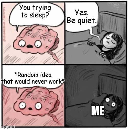 Brain Before Sleep | Yes. Be quiet. You trying to sleep? *Random idea that would never work*; me | image tagged in brain before sleep | made w/ Imgflip meme maker