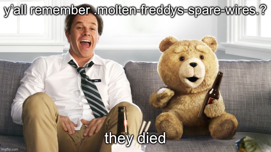 https://imgflip.com/i/anpldy | y’all remember .molten-freddys-spare-wires.? they died | image tagged in ted | made w/ Imgflip meme maker