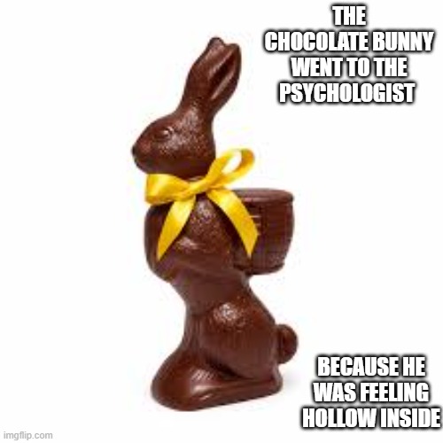 The chocolate bunny went to the psychiatrist because he was feeling hollow inside. | The chocolate bunny went to the psychologist; because he was feeling hollow inside | image tagged in funny,humor,easter,chocolate,bunny,candy | made w/ Imgflip meme maker