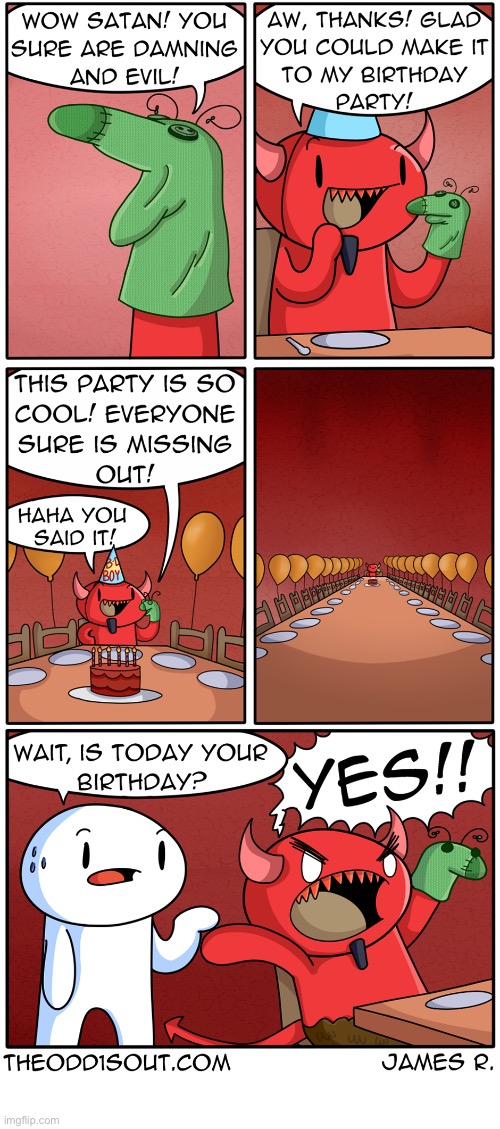 The Odd 1s Out | image tagged in comics,the odd 1s out,devil,birthday,party,nobody came | made w/ Imgflip meme maker