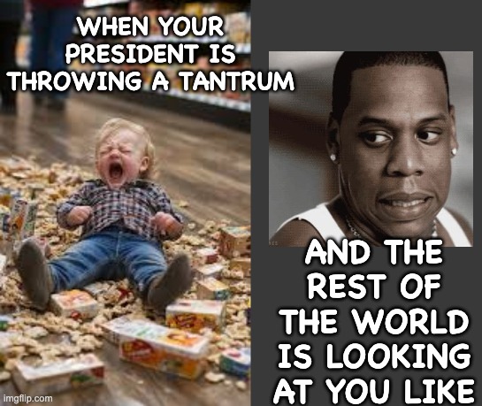 Naptime and 25A, stat! | when your president is throwing a tantrum; and the rest of the world is looking at you like | image tagged in grocery tantrum toddler,embarrassing,trump,idiocracy,war | made w/ Imgflip meme maker