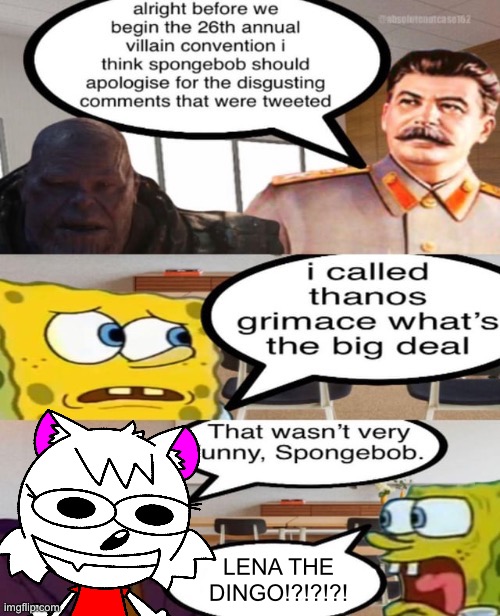 If Lena the dingo was on those SpongeBob comics | LENA THE DINGO!?!?!?! | image tagged in spongebob comics are peak | made w/ Imgflip meme maker