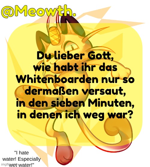Ernsthaft, Bruder. | Du lieber Gott, wie habt ihr das Whitenboarden nur so dermaßen versaut, in den sieben Minuten, in denen ich weg war? | image tagged in meowth | made w/ Imgflip meme maker