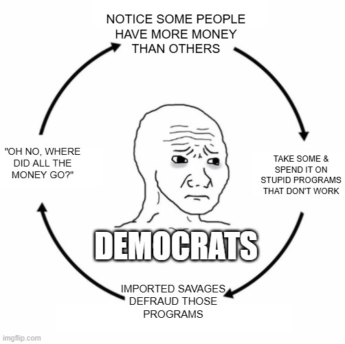 Oh look someone has money LET'S TAKE SOME! | NOTICE SOME PEOPLE
HAVE MORE MONEY
THAN OTHERS; "OH NO, WHERE
DID ALL THE
MONEY GO?"; TAKE SOME &
SPEND IT ON
STUPID PROGRAMS
THAT DON'T WORK; DEMOCRATS; IMPORTED SAVAGES
DEFRAUD THOSE
PROGRAMS | image tagged in sad wojak cycle | made w/ Imgflip meme maker