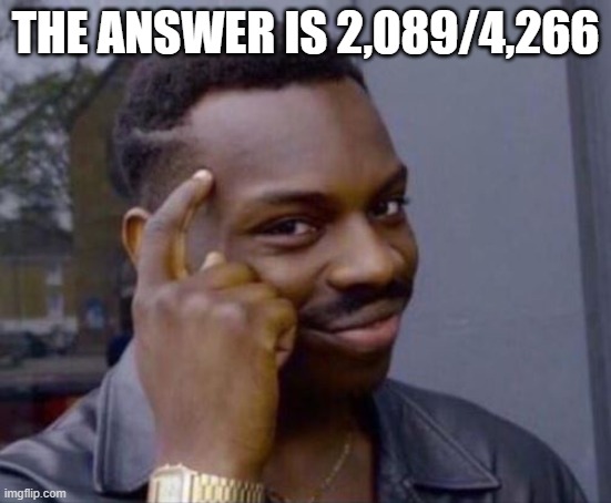 the answer is 2,089/4,266 | image tagged in black guy pointing at head | made w/ Imgflip meme maker