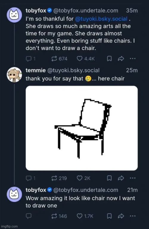 Behold, the two great minds behind our most beloved game series | image tagged in toby fox,temmie chang,twitter,idk it might actually be bluesky,chair | made w/ Imgflip meme maker