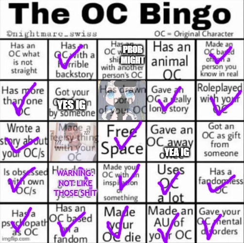 for the G**e one, it's mostly things like in 4th PV | prob might; yes ig; yea ig; Warning: not like those shit | image tagged in the oc bingo,bruh | made w/ Imgflip meme maker