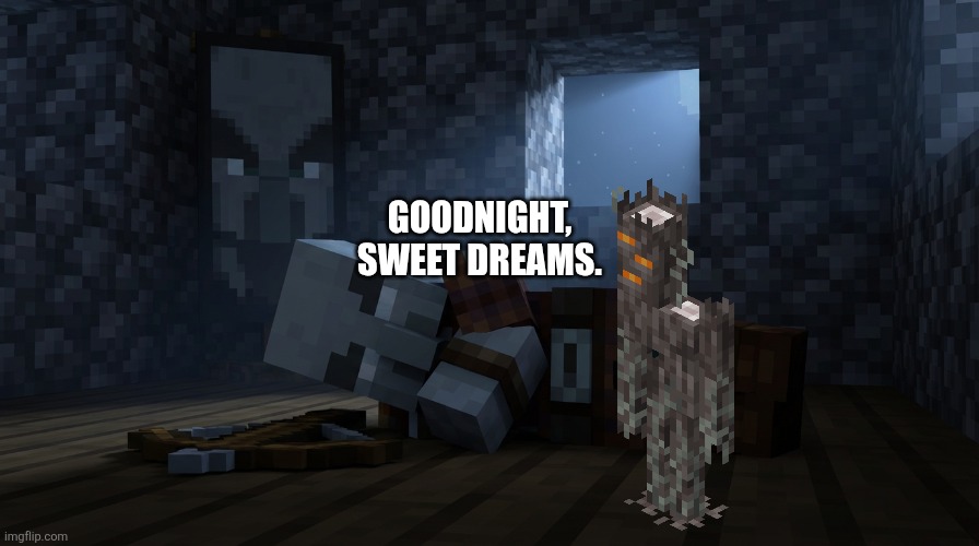 Goodnight chat | Goodnight, sweet dreams. | image tagged in pillager that is an illager captain sleeping | made w/ Imgflip meme maker