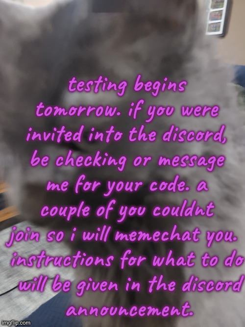 please upvote this so more users will see it. yes i know im stupid for posting it at night | testing begins tomorrow. if you were invited into the discord, be checking or message me for your code. a couple of you couldnt join so i will memechat you. 
instructions for what to do
 will be given in the discord
 announcement. | made w/ Imgflip meme maker