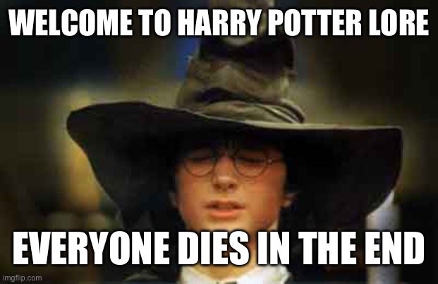 Welcome to Harry Potter lore Everyone dies in the end | image tagged in harry potter sorting hat | made w/ Imgflip meme maker