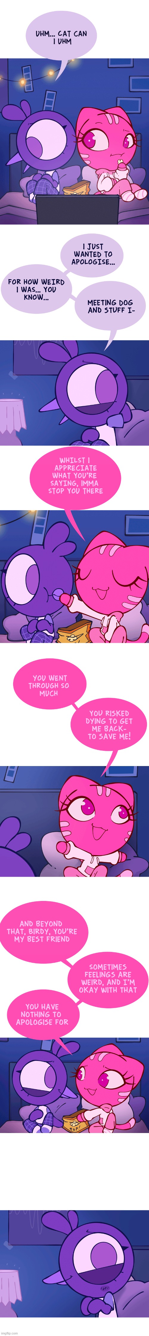 image tagged in bird,cat,apology,dog,friend,aww | made w/ Imgflip meme maker